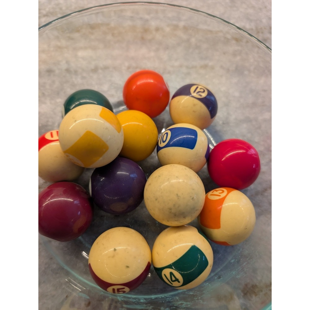 Vintage Pool Billiard Balls Lot 14 of 16 Missing 2 & 8 Ball Approx 1  7/8"